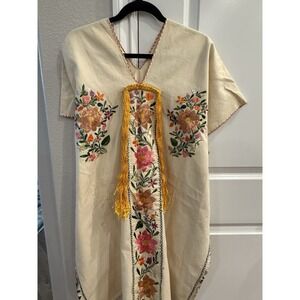 Vintage Mexican CAFTAN Ivory Embroidered Dress. One Size.